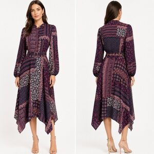 Vince Camuto Paisley Floral Midi Dress – Belted High-Low Mixed Print, Size 6